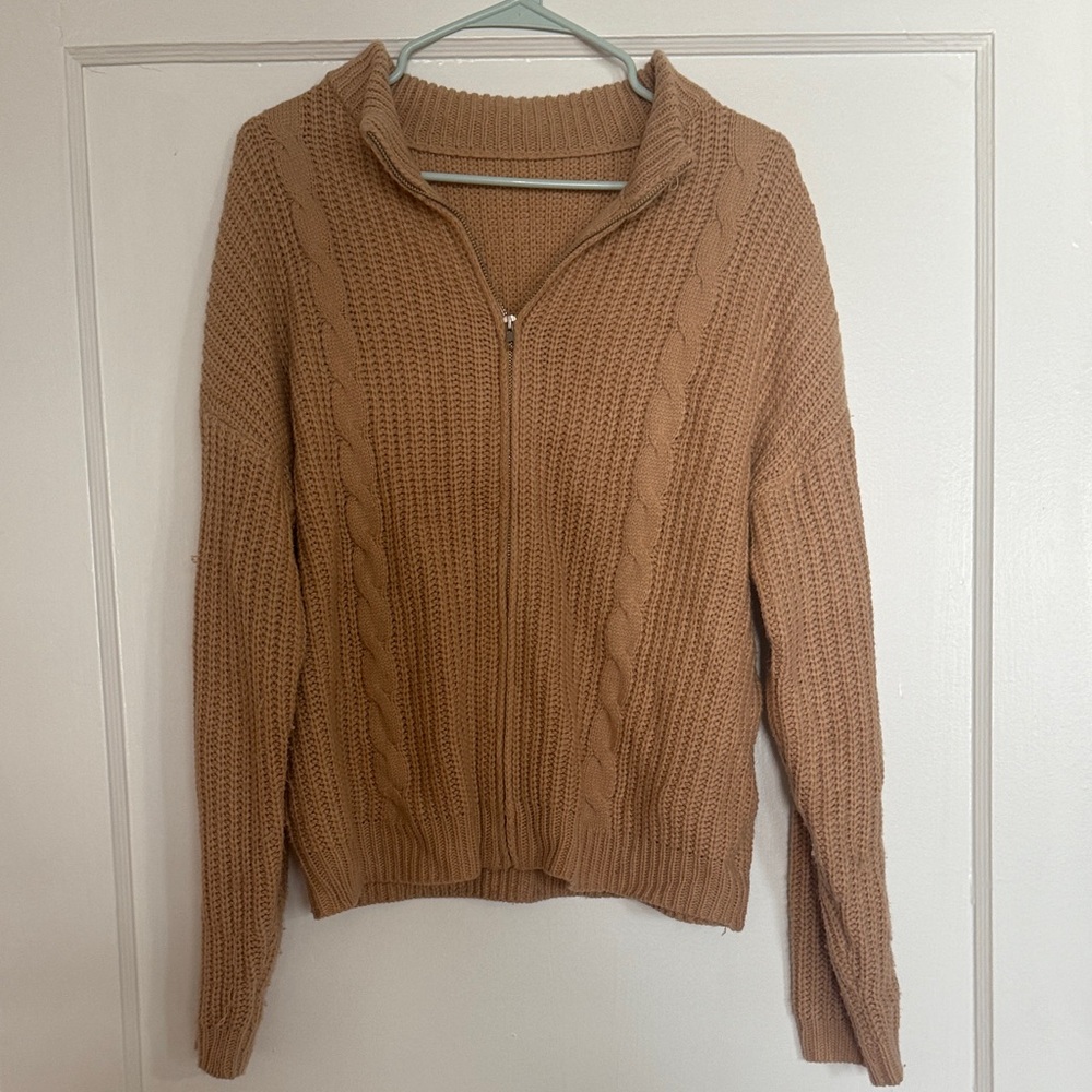 Tan Cable Knit Zip-Up Cardigan